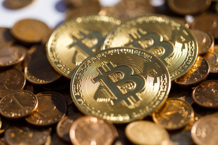 The wealth of real capital. Bitcoin gold coins. Close-up