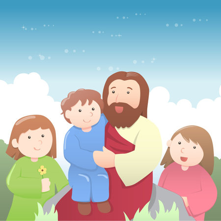 Jesus surrounded by kids, teaching them. In cartoon styleのイラスト素材