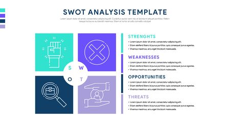 Four colorful elements with text inside placed beside the element. Concept of SWOT-analysis template or strategic planning technique. Infographic design template. Vector illustration.のイラスト素材