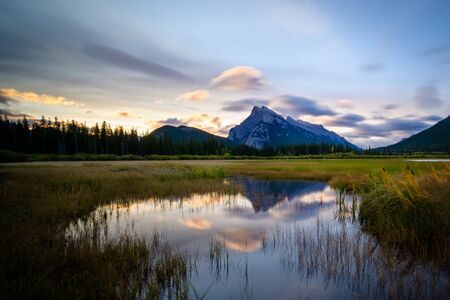 Vermillion Lake in sunset Alberta Canadaの写真素材