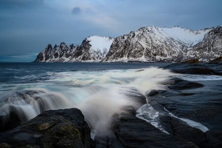Devils teeth in Steinfjord fjord and mountain in Northern Norwayの写真素材