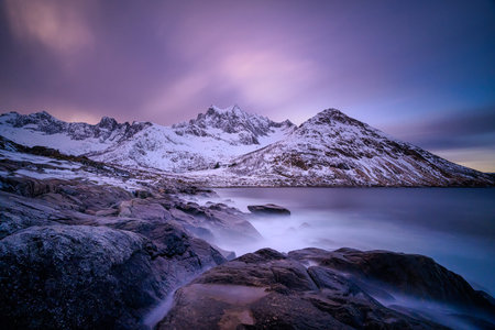 Beautiful winter night landscape scene mountain in Northern Norway. Sunset or sunrise in Mountains And Fjords. Galitippen, Rydalen, Fjolhogget, Grovlaの写真素材
