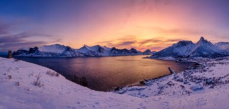 Gulf, bay, Sand beach with a huge surf in Mefjord in sunsetの写真素材