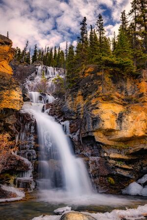 Beautiful autumn landscape scene in mountain in background in Jasper National Park west Canadaの写真素材