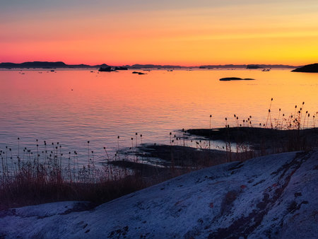 Greenland Ilulissat glaciers at ocean at polar night