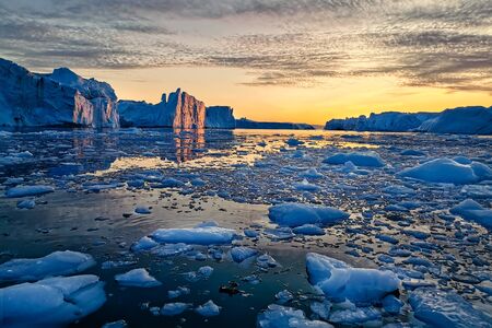 Greenland Ilulissat glaciers at ocean at polar nightの写真素材