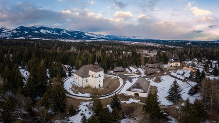 museum of the Slovak village Prybilina wooden houses and a churchの写真素材