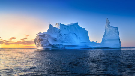 floating glaciers in the rays of the setting sun at polar night