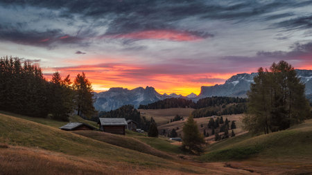 Alpe di Siusi, Seiser Alm, in the morning before sunriseの写真素材