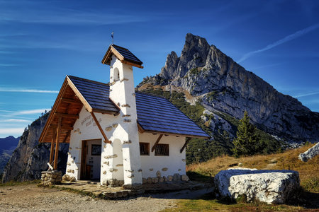Passo Falzarego and the Cappella della Visitazione below the summit of Sass de Stria