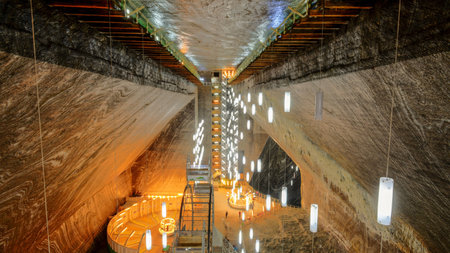 a look inside the historic Salina Turda salt mine with lights in Romania