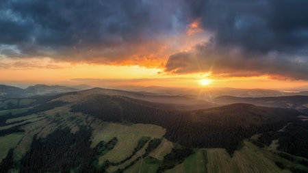 sunset over the village in the West Tatras in Slovakiaの写真素材