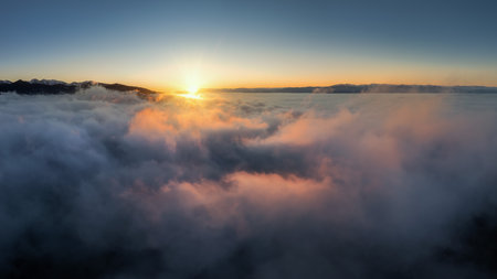 fog over the Liptovska Mara dam at sunrise in Slovakiaの写真素材