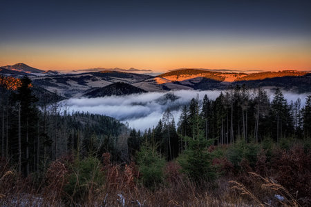 fog over the Liptov village of Velke Borove before sunrise by Liptovska Mara in Slovakia