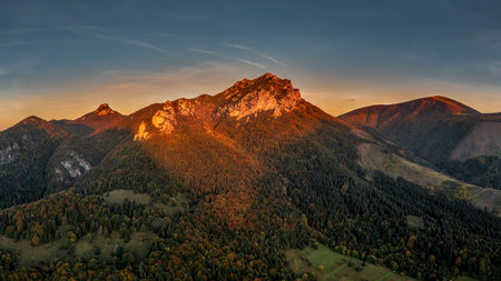 Velky and Maly Rozsutec in the Mala Fatra Mountains in sunset near the village of Stefanovaの写真素材