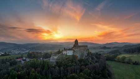Stara Lubovna Castle at sunset in autumn in Slovakiaの写真素材