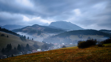 fog over Zazriva in Mala Fatra in Slovakiaの写真素材