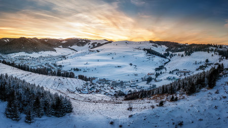 snowy Liptovska Teplicka in winter at sunset in Slovakiaの写真素材