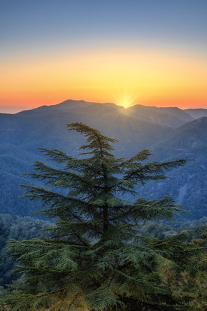view from the mountain Throni Tes Panagias at the setting sunの写真素材