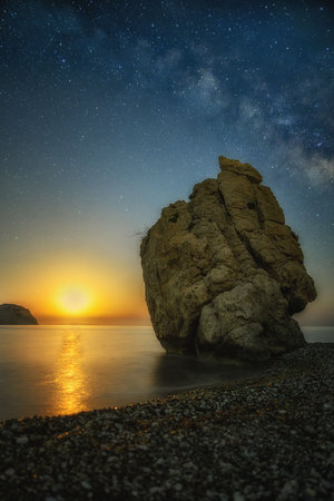 Rocks at Petra tou Romiou at night with Milky Way in Cyprusの写真素材