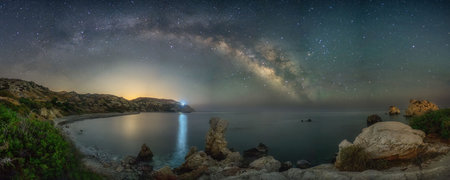 Rocks at Petra tou Romiou at night with Milky Way in Cyprusの写真素材