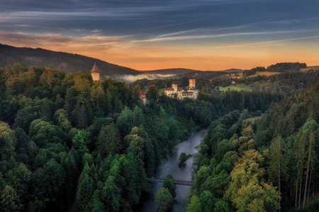 Rozmberk castle and town above the Vltava River in South Bohemiaの写真素材