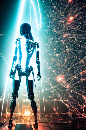 Artificial intelligence robot in futuristic cyberspace. 3D rendering. Virtual reality, connection, data flow, big data, machine learning concept.の素材