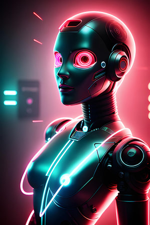 3d rendering of a female robot with neon lights in the background. Virtual reality, connection, data flow, big data, machine learning concept.の素材