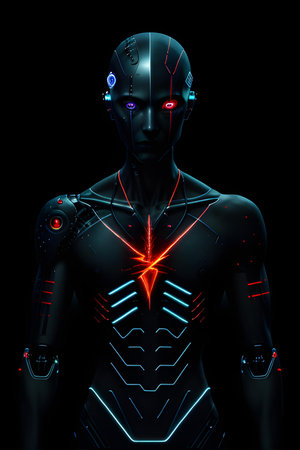 3d rendering of a female robot with neon lights on black background. Virtual reality, connection, data flow, big data, machine learning concept.の素材