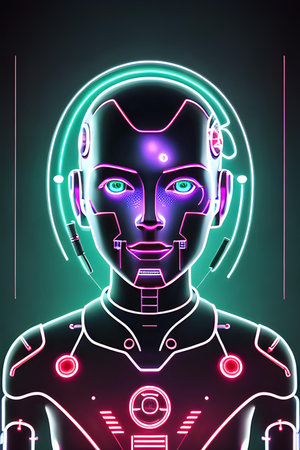 Cyborg head with neon lights. Artificial intelligence concept. Vector illustration. Virtual reality, connection, data flow, big data, machine learning concept.の素材