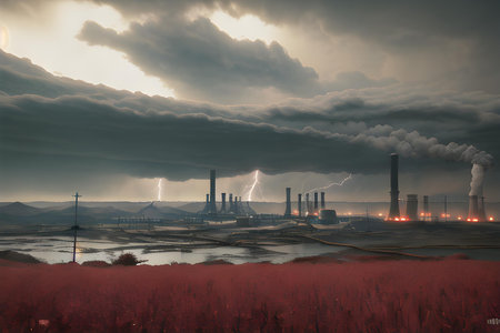 factory in the evening with stormy clouds and lightning. 3d render. Global warming, ecology and climate change concept.の素材