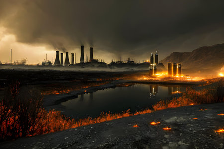 Power plant with smoking chimneys on the background of the night sky. Ecology, pollution and climate change concept.の素材