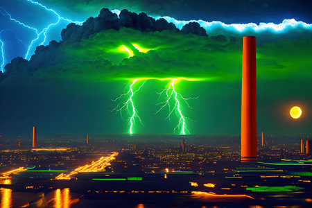 Thunderstorm lightning over the city at night. 3D illustration. Global warming, ecology and climate change concept.の素材