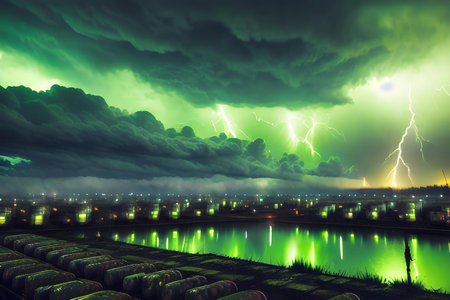 Stormy sky with lightning and rain over river. Nature composition. Global warming, ecology and climate change concept.の素材