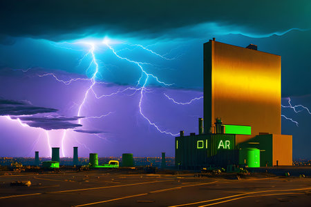 Conceptual image of nuclear power plant with lightning in the sky. Ecology and climate change concept.の素材