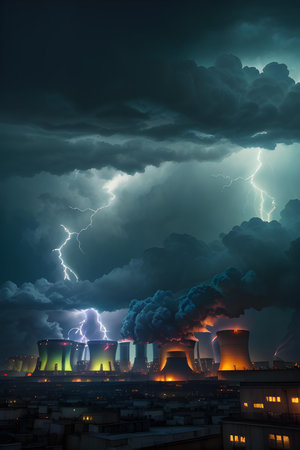 Nuclear power plant with lightning in the sky, toned image. Global warming, ecology and climate change concept.の素材