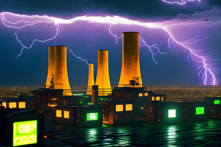Power plant and lightning in the night sky. 3d rendering. concept of electricity crisis, ecology and climate change .の素材