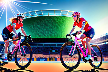 Cyclists in action on the road to the stadium. Vector illustration.の素材