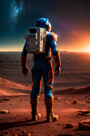 Illustration of astronaut on alien planet. 3D AI generated image.の素材