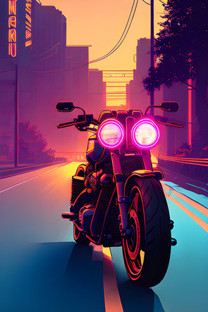 Colorful illustration of motorcycle. Cyberpunk style, painting, drawing.の素材