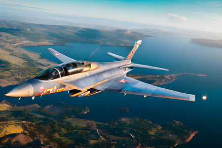 Illustration of flying  jet fighter military plane. Complex environment, landscape. Military and defense concept. AI generated image.の素材