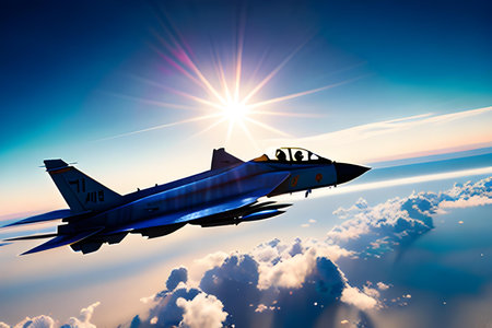 Illustration of flying  jet fighter military plane. Complex environment, landscape. Military and defense concept. AI generated image.の素材
