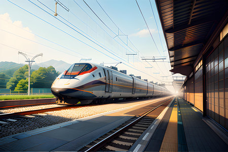 Illustration of train on railway. Complex environment, landscape. Transportation concept. AI generated image.の素材