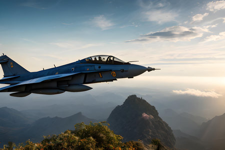 Illustration of flying  jet fighter military plane. Complex environment, landscape. Military and defense concept. AI generated image.の素材
