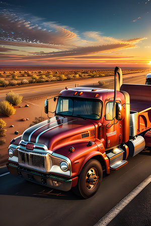 Illustration of classic american truck on road. Sunset, highway. Long vehicle. Transportation concept. AI generated image.の素材