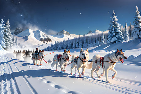 Illustration of dog sleigh in arctic nature. Snow, winter time., AI generated image.の素材