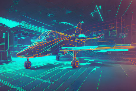 Cyberpunk illustration of a plane. Drawing engineering, .transportation concept. AI generated image.の素材