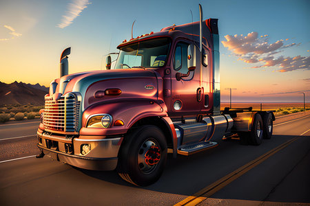 Illustration of classic american truck on road. Sunset, highway. Long vehicle. Transportation concept. AI generated image.の素材