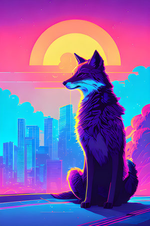 Abstract cyberpunk illustration of fox., AI generated image.の素材
