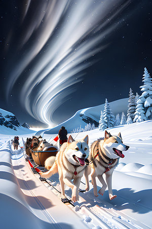 Illustration of dog sleigh in arctic nature. Snow, winter time., AI generated image.の素材